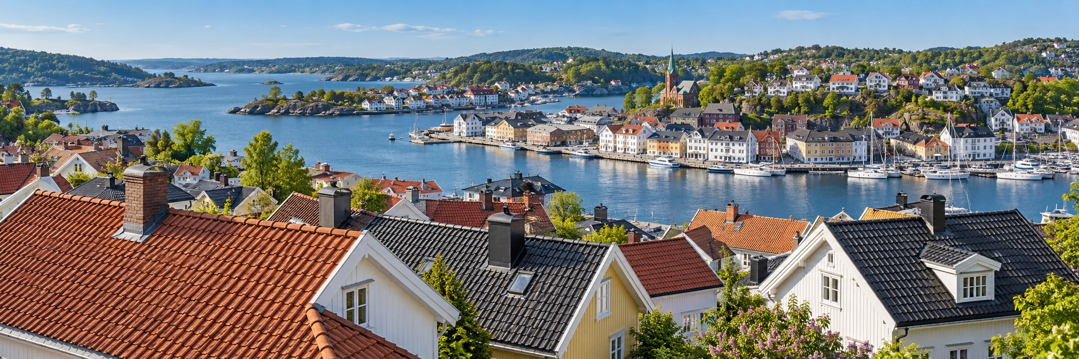 Illustrert taklandskap og bebyggelse i Arendal
